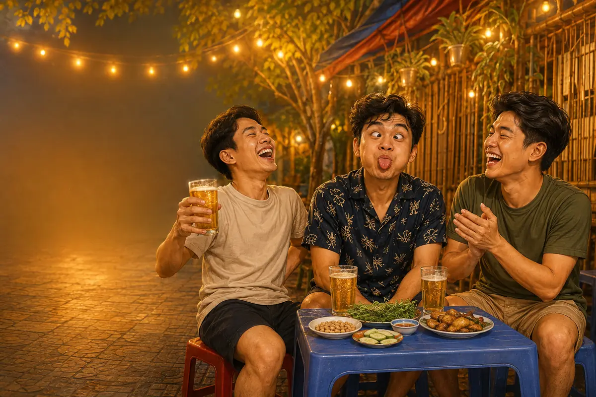 Ba người bạn quây quanh chiếc điện thoại dựng trên bàn bia hơi, người ở giữa trợn mắt há miệng bắt chước mặt mẫu trên màn hình.
