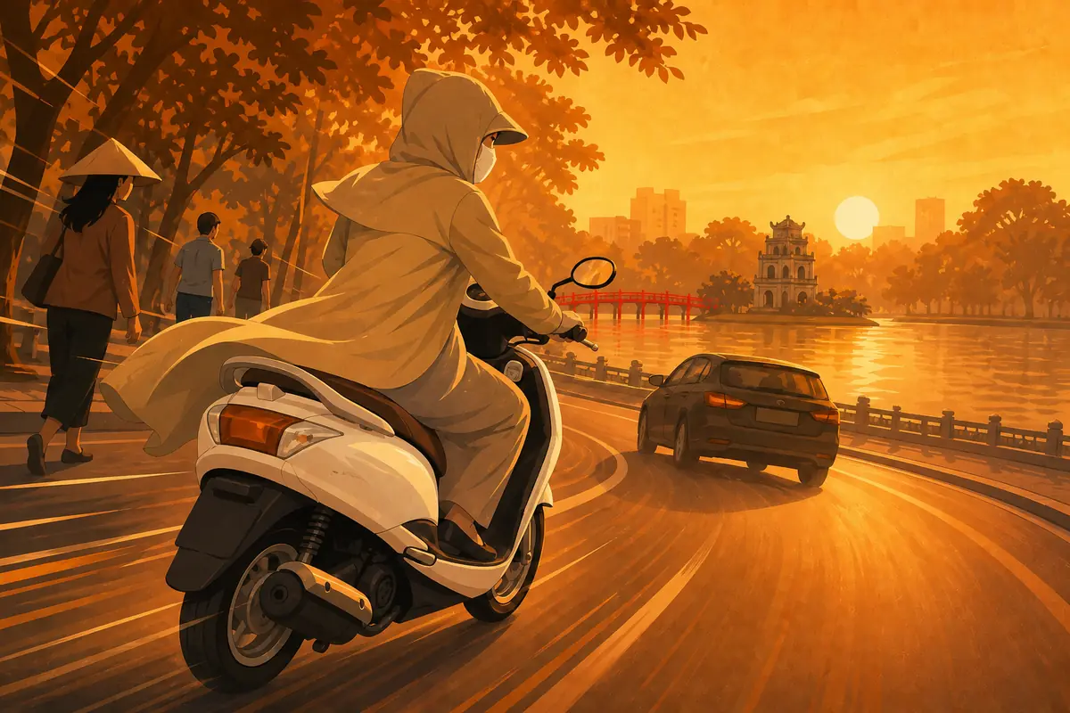 Người phụ nữ trùm kín chống nắng lái Honda Lead trắng lách qua dòng người bên Hồ Hoàn Kiếm lúc hoàng hôn, cầu Thê Húc đỏ phía xa.